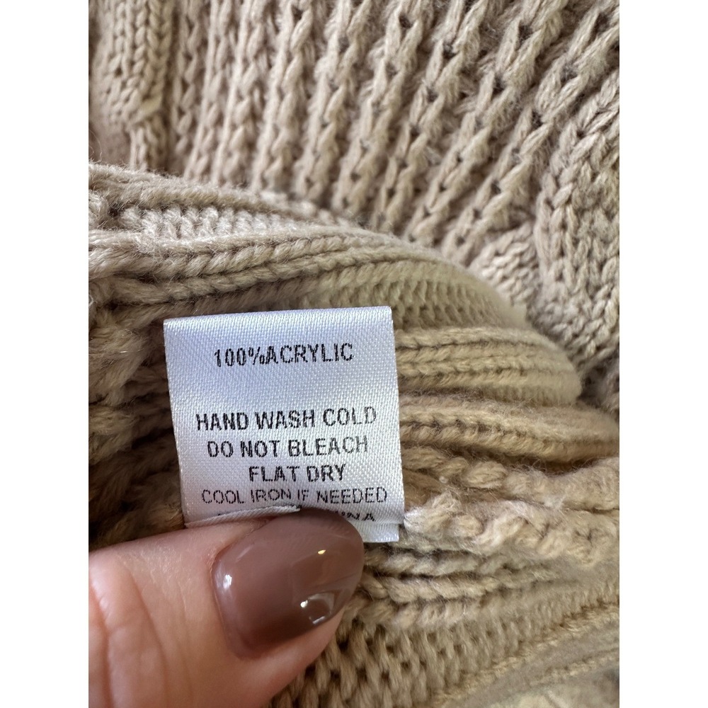 SAGE Womens Tan Knit Poncho Sweater Mock Neck Fringe Belted Cable‎ Knit M - Picture 7 of 7